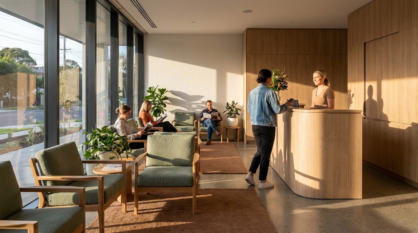 Sala de espera de clínica moderna com pacientes e recepção