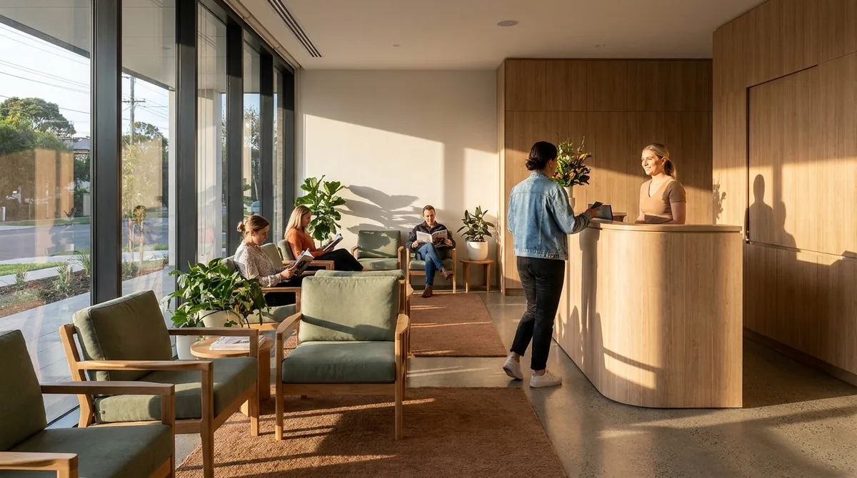 Sala de espera de clínica moderna com pacientes e recepção