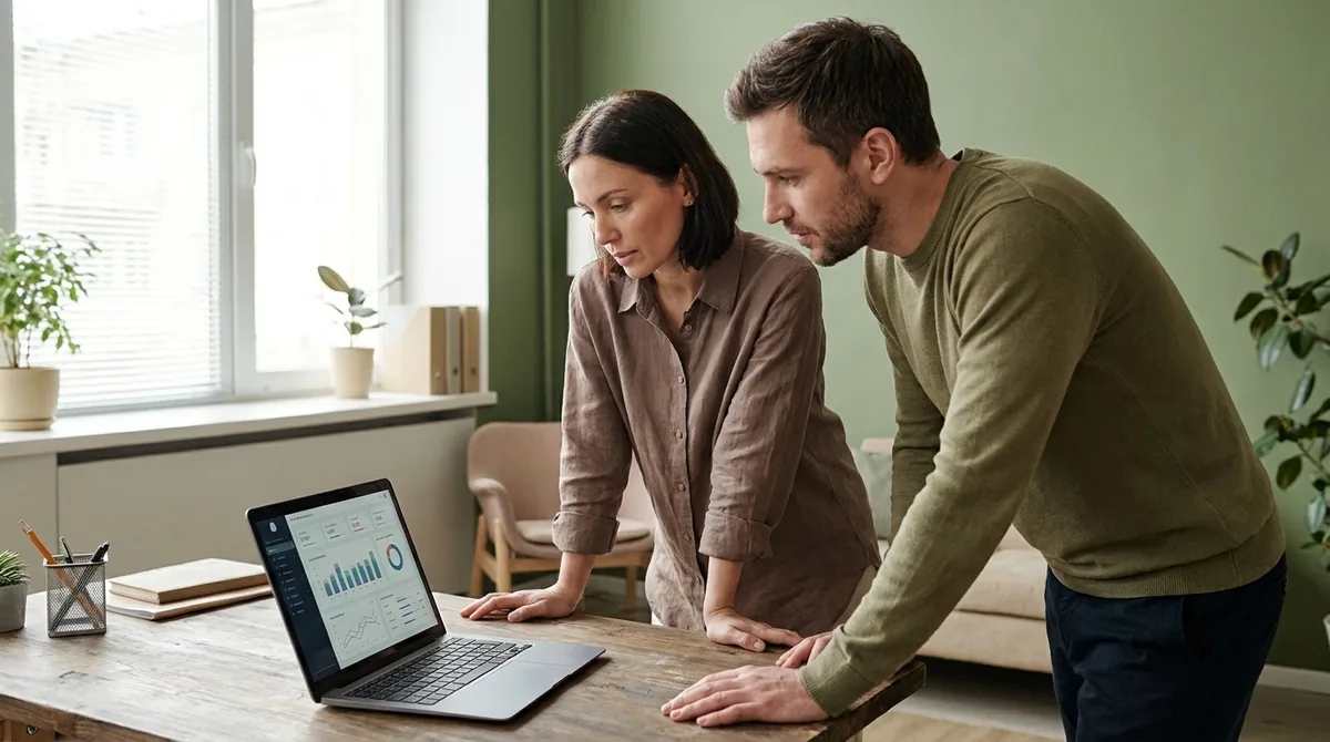 Dono de clínica e consultor analisando dashboard em notebook