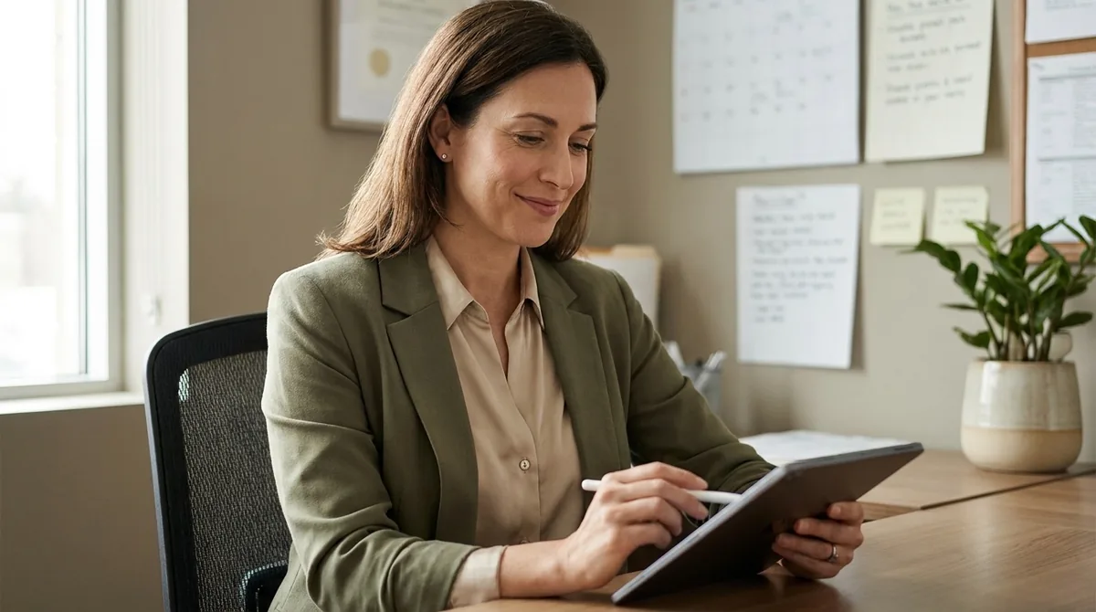 Médica revisando conteúdo de publicidade em tablet no escritório