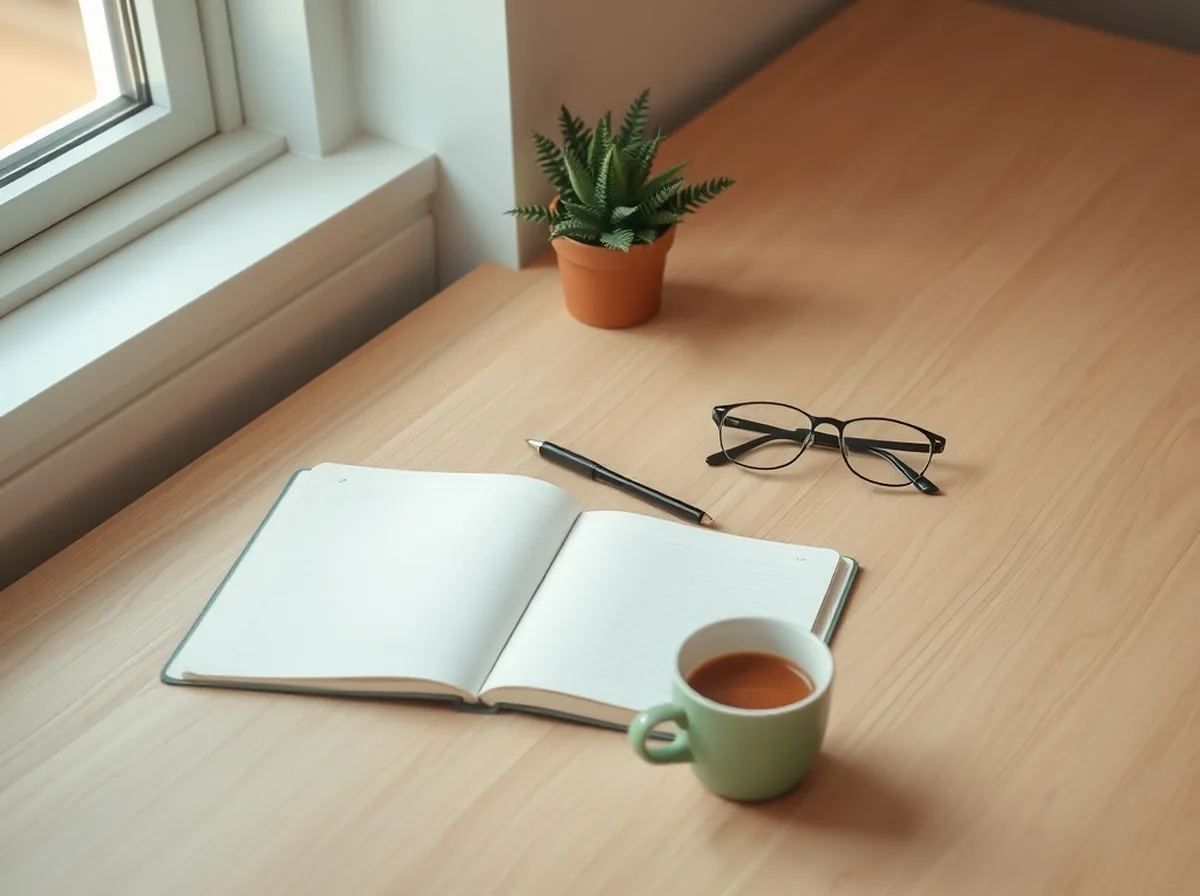 Mesa de trabalho de clínica junto à janela, com caderno aberto em branco, caneta, óculos e xícara
