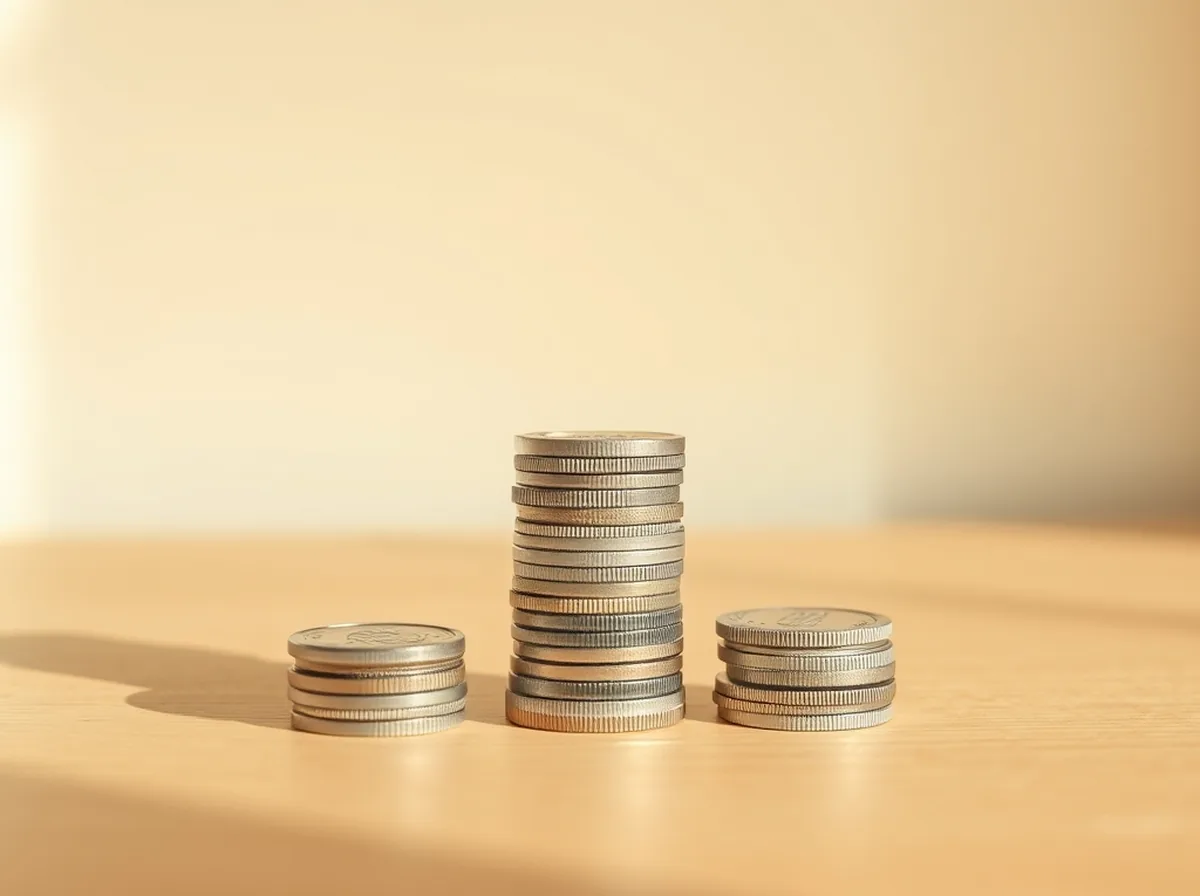 Três pilhas de moedas de alturas diferentes sobre mesa clara de escritório de clínica