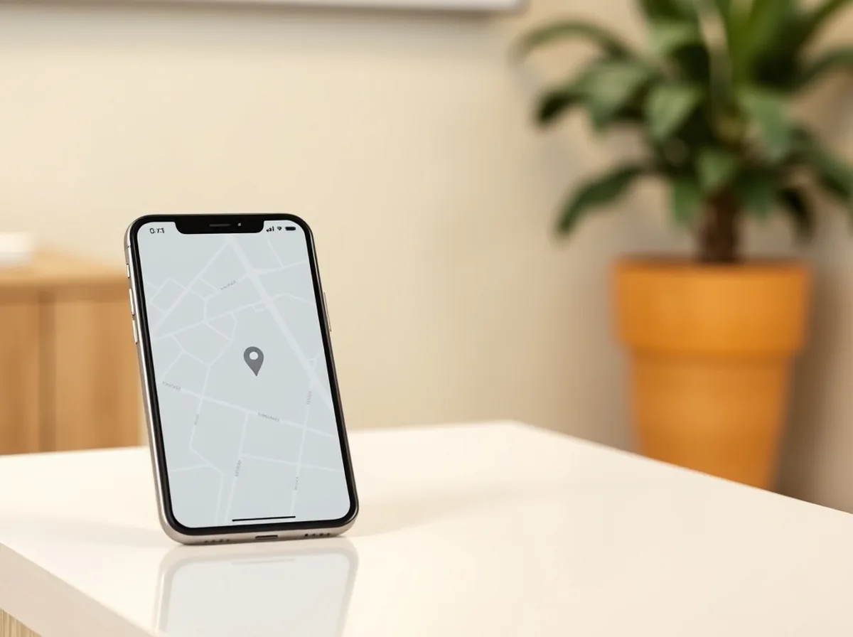 Celular na recepção de uma clínica exibindo mapa com marcadores de localização