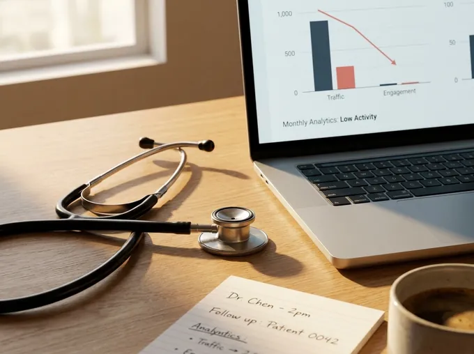 Estetoscópio sobre mesa ao lado de laptop com gráficos de analytics mostrando crescimento zero