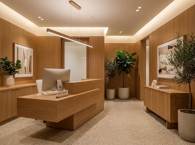 Recepção de clínica médica particular moderna com design premium e iluminação acolhedora