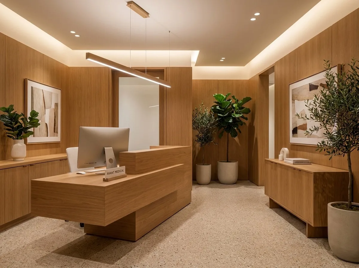 Recepção de clínica médica particular moderna com design premium e iluminação acolhedora