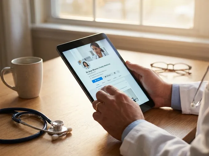 Mãos de médico segurando tablet com perfil de redes sociais médico e estetoscópio ao lado