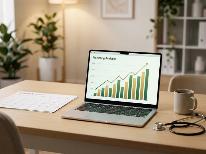 Laptop em mesa de clínica mostrando gráficos de marketing com tendência de crescimento, ao lado de calendário e estetoscópio
